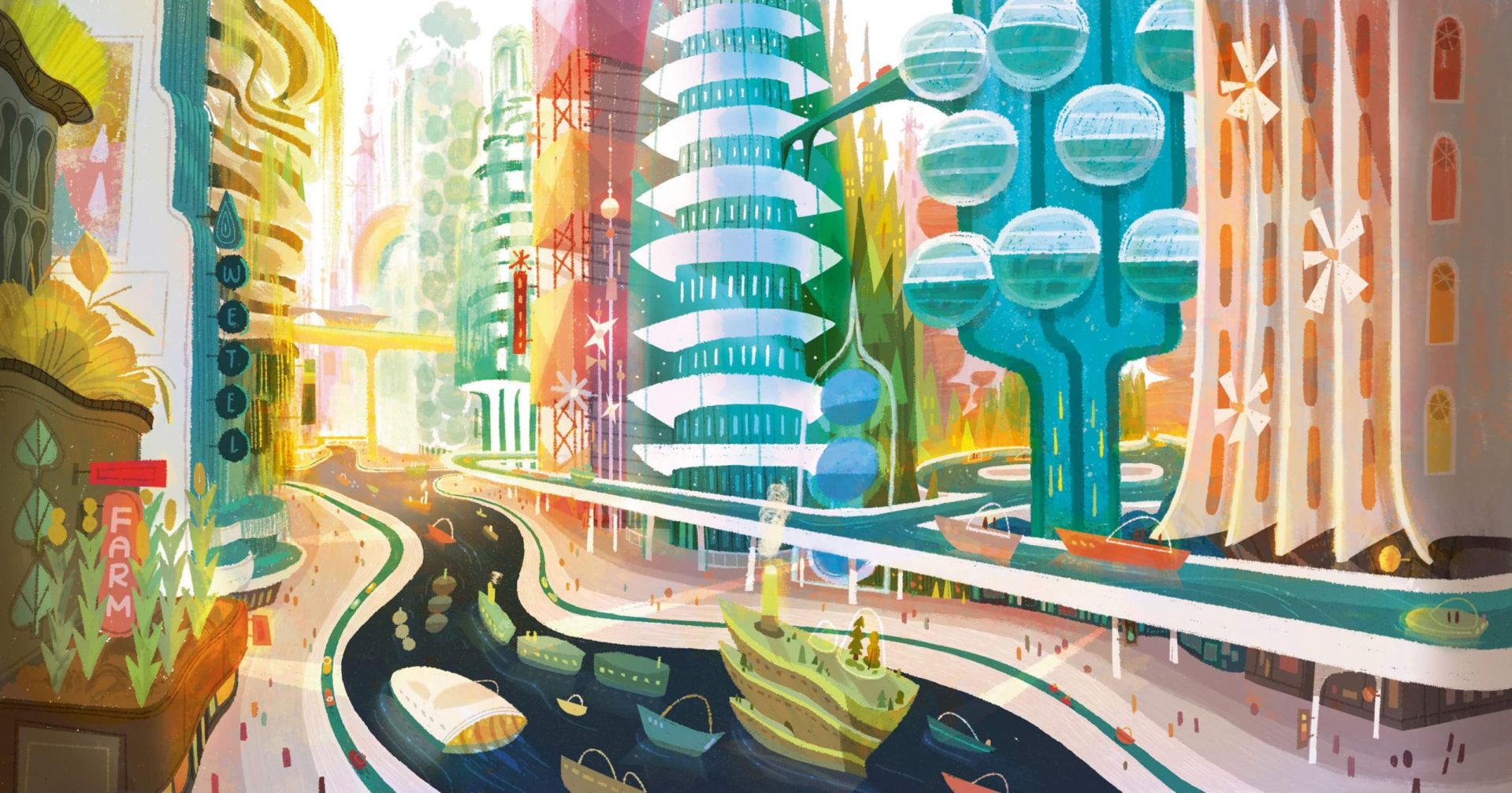 a vibrant futuristic cityscape featuring tall colorful buildings greenery and waterways with boats the scene showcases a lively atmosphere with people walking along pathways and various plant life integrated into the architecture digital production A vibrant futuristic cityscape featuring tall, colorful buildings, greenery, and waterways with boats. The scene showcases a lively atmosphere with people walking along pathways and various plant life integrated into the architecture.