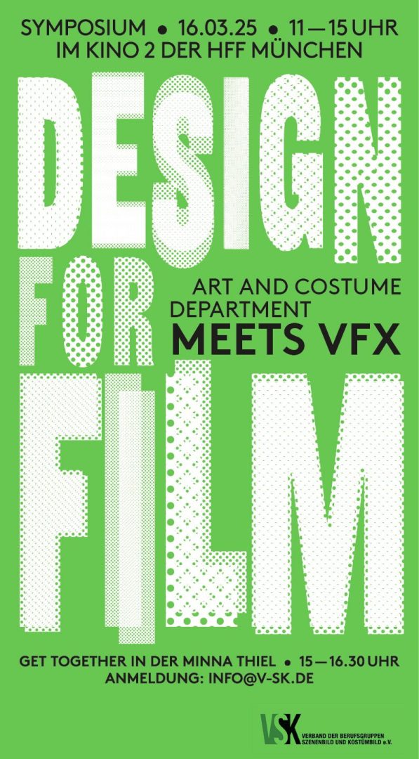 a green poster announcing a symposium titled design for film featuring text about the events schedule and location including details about the art and costume department meeting vfx contact information is provided at the bottom digital production A green poster announcing a symposium titled "Design for Film" featuring text about the event's schedule and location, including details about the art and costume department meeting VFX. Contact information is provided at the bottom.