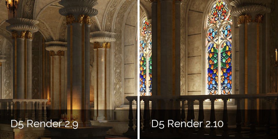 a sidebyside comparison of a rendered interior scene on the left is d5 render version 29 showing dim lighting and detailed columns on the right is d5 render version 210 with brighter lighting and stained glass windows enhancing the overall appearance digital production A side-by-side comparison of a rendered interior scene. On the left is D5 Render version 2.9 showing dim lighting and detailed columns. On the right is D5 Render version 2.10 with brighter lighting and stained glass windows, enhancing the overall appearance.