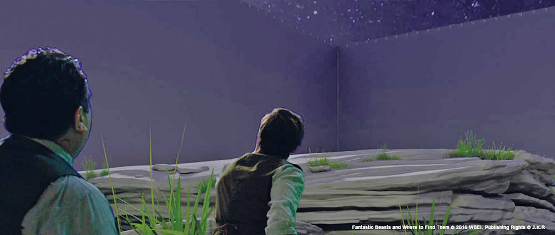 two men are looking at a rocky landscape with sparse grass while stars are visible against a dark sky the setting appears to be a secluded outdoor space with a modern minimalist design digital production Two men are looking at a rocky landscape with sparse grass while stars are visible against a dark sky. The setting appears to be a secluded outdoor space with a modern minimalist design.