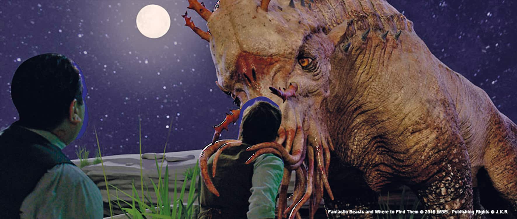 a fantasy scene depicting a giant monster approaching a person under a bright moon with starry sky and grassy terrain in the background the character appears surprised while looking at the creature digital production A fantasy scene depicting a giant monster approaching a person under a bright moon, with starry sky and grassy terrain in the background. The character appears surprised while looking at the creature.