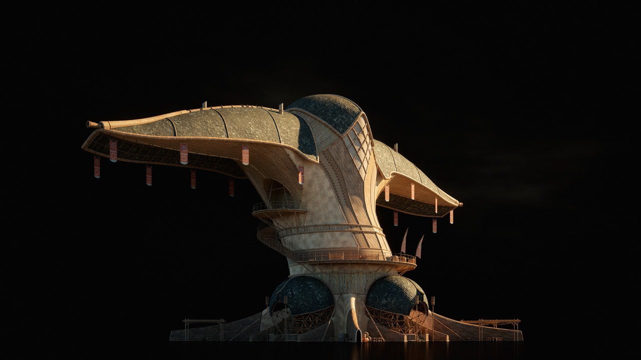 a futuristic architectural structure resembling a large bird in a dark environment featuring curved lines domed elements and decorative features on the rooftop digital production A futuristic architectural structure resembling a large bird in a dark environment, featuring curved lines, domed elements, and decorative features on the rooftop.