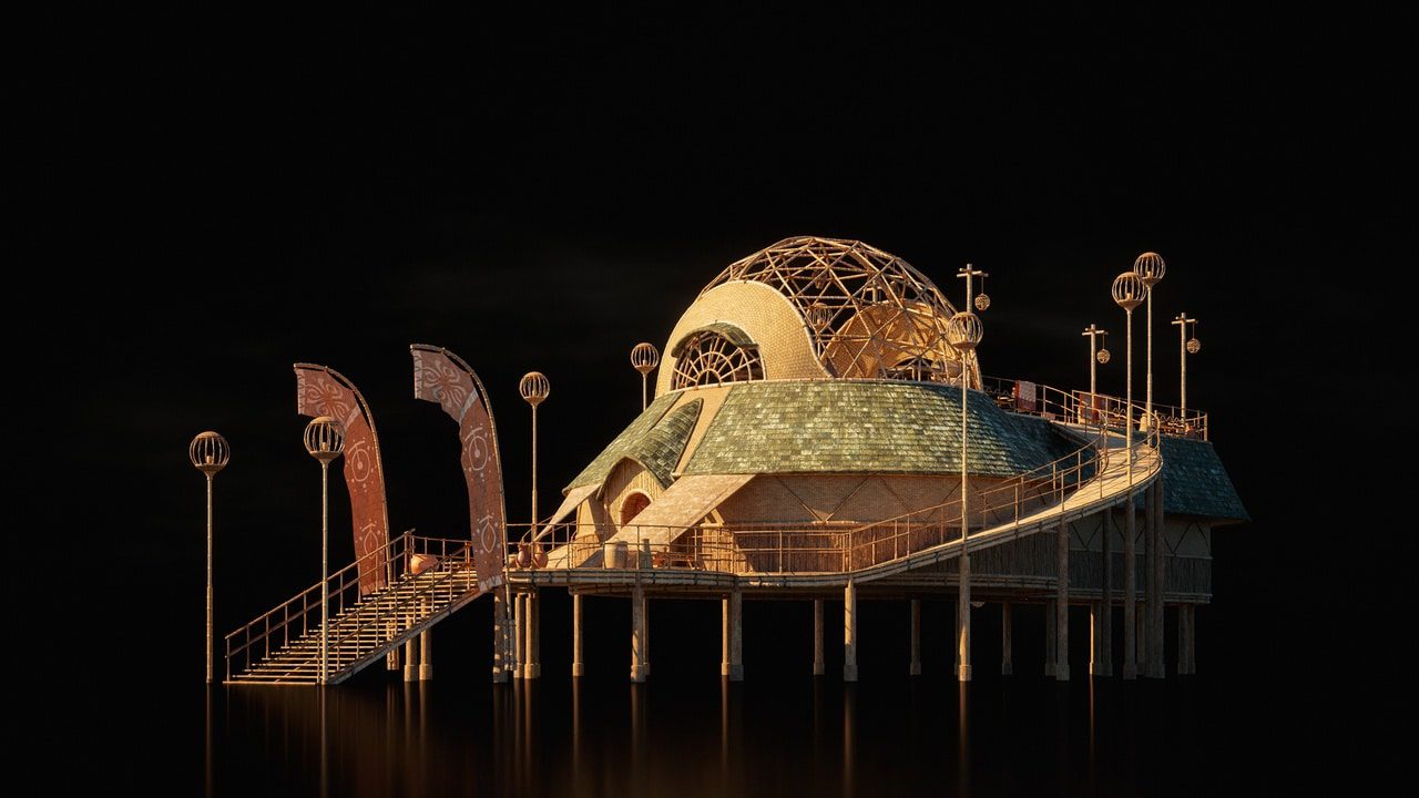 a modern architectural structure resembling a dome with wooden elements and circular design features it stands on stilts near water surrounded by decorative poles and flags under a dark background digital production A modern architectural structure resembling a dome, with wooden elements and circular design features. It stands on stilts near water, surrounded by decorative poles and flags under a dark background.