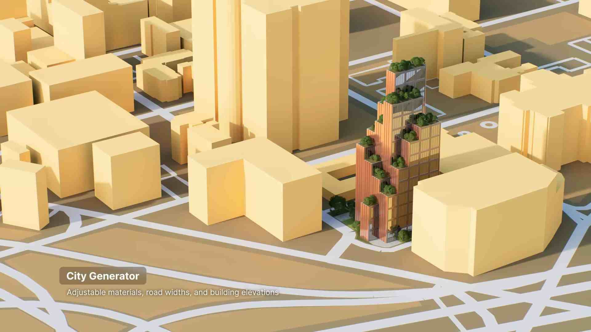 a 3d city model showcasing various buildings including a tall structure with greenery on the sides the layout includes streets and roadways with a caption reading city generator indicating adjustable materials road widths and building dimensions digital production A 3D city model showcasing various buildings, including a tall structure with greenery on the sides. The layout includes streets and roadways, with a caption reading 'City Generator' indicating adjustable materials, road widths, and building dimensions.