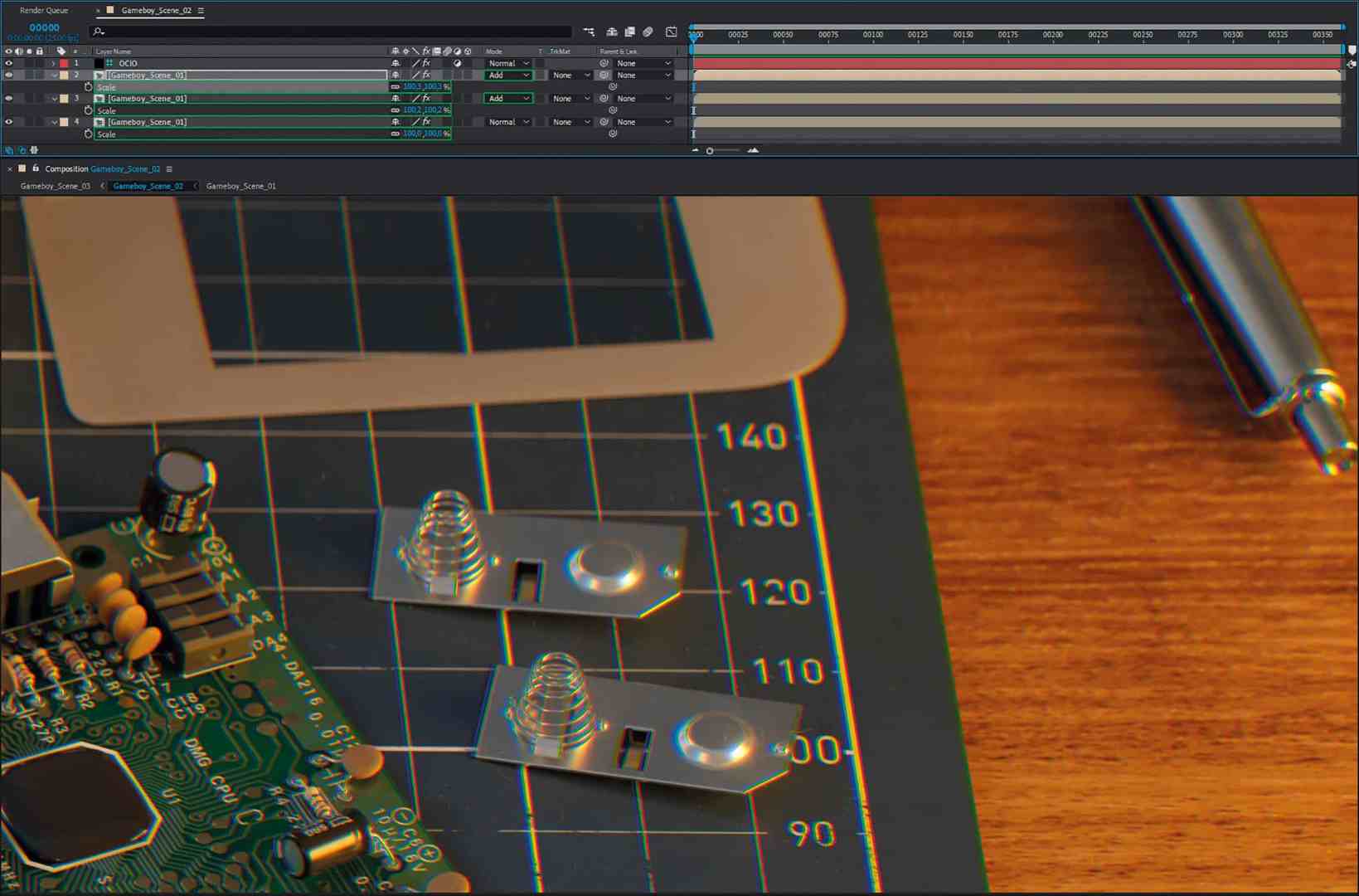 a closeup of a green printed circuit board pcb with electronic components alongside two metallic mounts on a geometric cutting mat and a silver pen positioned on the right side digital production A close-up of a green printed circuit board (PCB) with electronic components, alongside two metallic mounts on a geometric cutting mat, and a silver pen positioned on the right side.