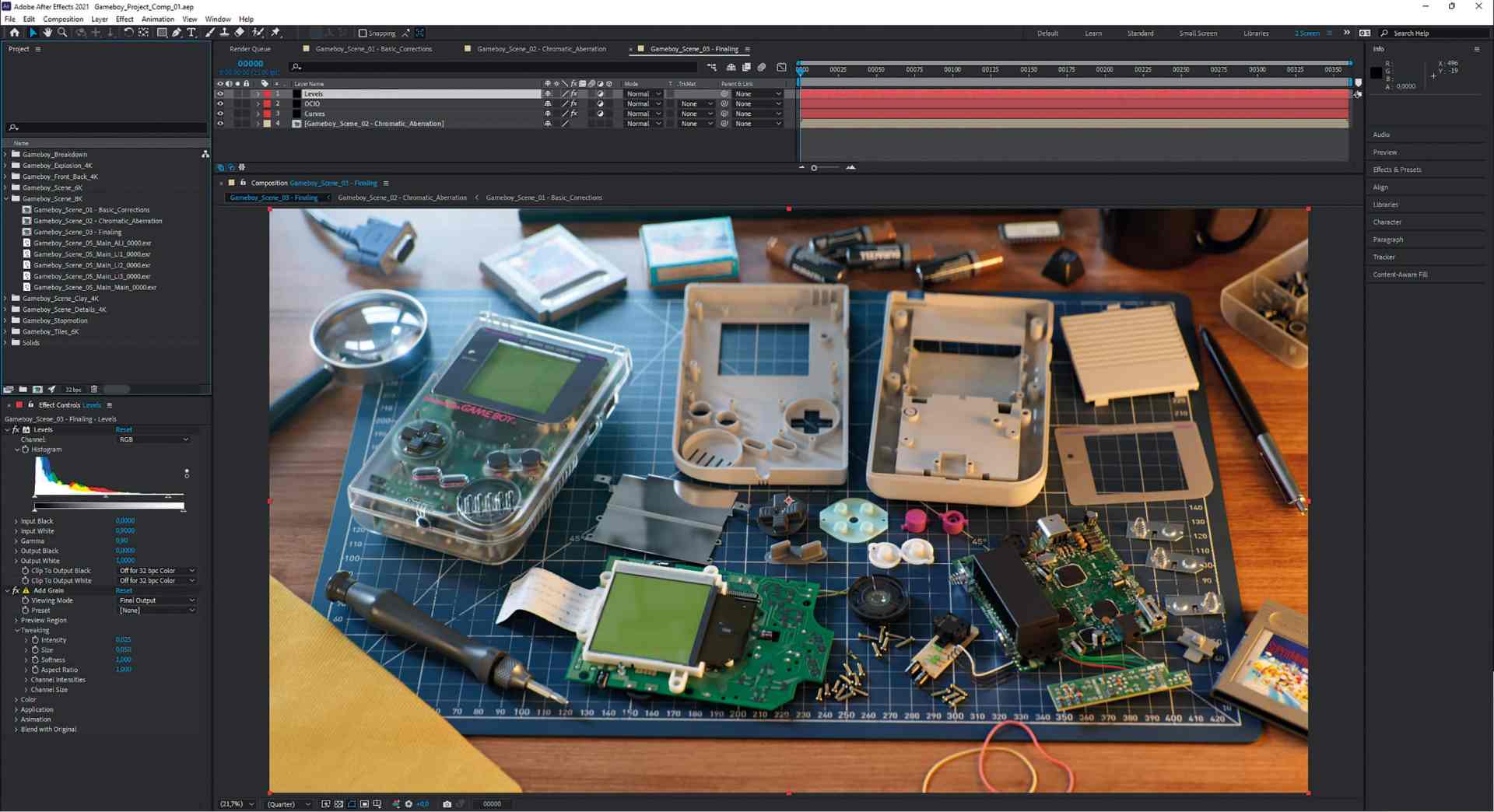 a workspace featuring disassembled game boy consoles circuit boards and various electronic components arranged on a blue cutting mat computer software interface visible in the background digital production A workspace featuring disassembled Game Boy consoles, circuit boards, and various electronic components arranged on a blue cutting mat. Computer software interface visible in the background.