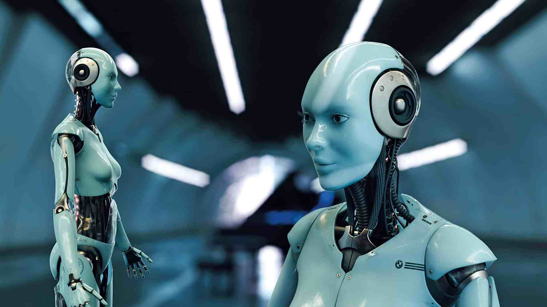 two humanoid robots with blue skin and mechanical features standing in a futuristic welllit environment one robot is in profile while the other faces slightly towards the viewer showcasing their detailed designs digital production Two humanoid robots with blue skin and mechanical features standing in a futuristic, well-lit environment. One robot is in profile, while the other faces slightly towards the viewer, showcasing their detailed designs.