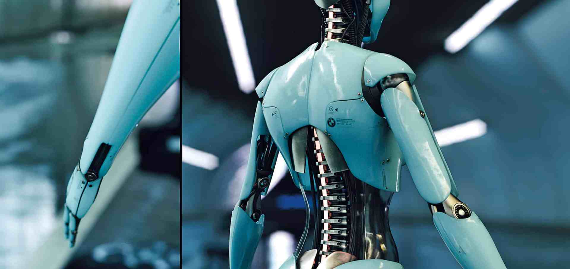 a closeup view of a modern blue robot mannequin showing its articulated arm and detailed spine in a futuristic setting with soft lighting digital production A close-up view of a modern blue robot mannequin showing its articulated arm and detailed spine in a futuristic setting with soft lighting.