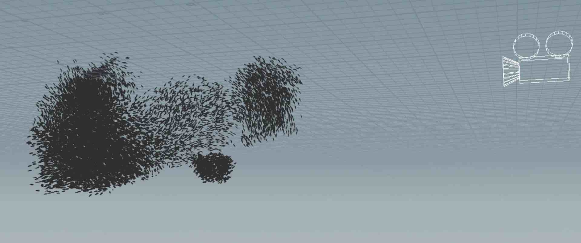 an abstract digital rendering showing clusters of small black shapes against a light grey background with a simplified film camera icon on the right side digital production An abstract digital rendering showing clusters of small black shapes against a light grey background, with a simplified film camera icon on the right side.