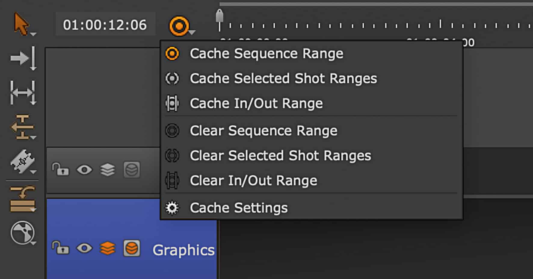 a screenshot of video editing software displaying options for caching in a dropdown menu including cache sequence range cache selected shot ranges and cache settings the timeline is visible with a blue graphics track highlighted digital production A screenshot of video editing software displaying options for caching in a drop-down menu, including 'Cache Sequence Range', 'Cache Selected Shot Ranges', and 'Cache Settings'. The timeline is visible with a blue graphics track highlighted.