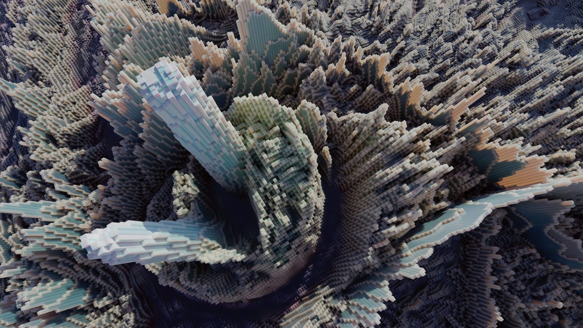 an abstract threedimensional fractal pattern resembling a spiraling formation with textured geometric spikes in shades of blue gray and cream digital production An abstract, three-dimensional fractal pattern resembling a spiraling formation with textured geometric spikes in shades of blue, gray, and cream.