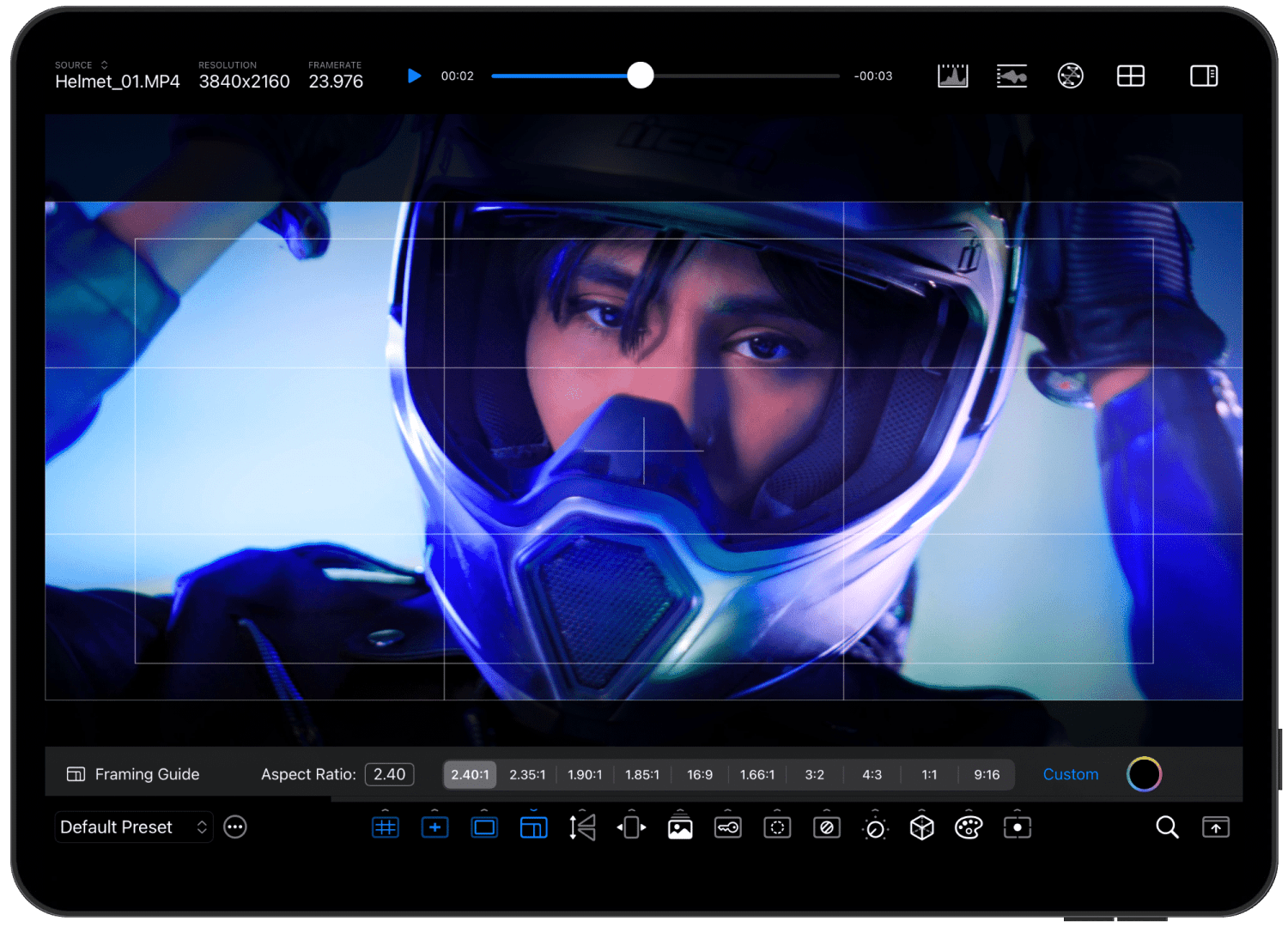 a closeup of a person wearing a motorcycle helmet with a visor down showing their intense gaze the background features a gradient of blue and purple tones and the image includes a digital overlay with framing guides and aspect ratios digital production A close-up of a person wearing a motorcycle helmet with a visor down, showing their intense gaze. The background features a gradient of blue and purple tones, and the image includes a digital overlay with framing guides and aspect ratios.