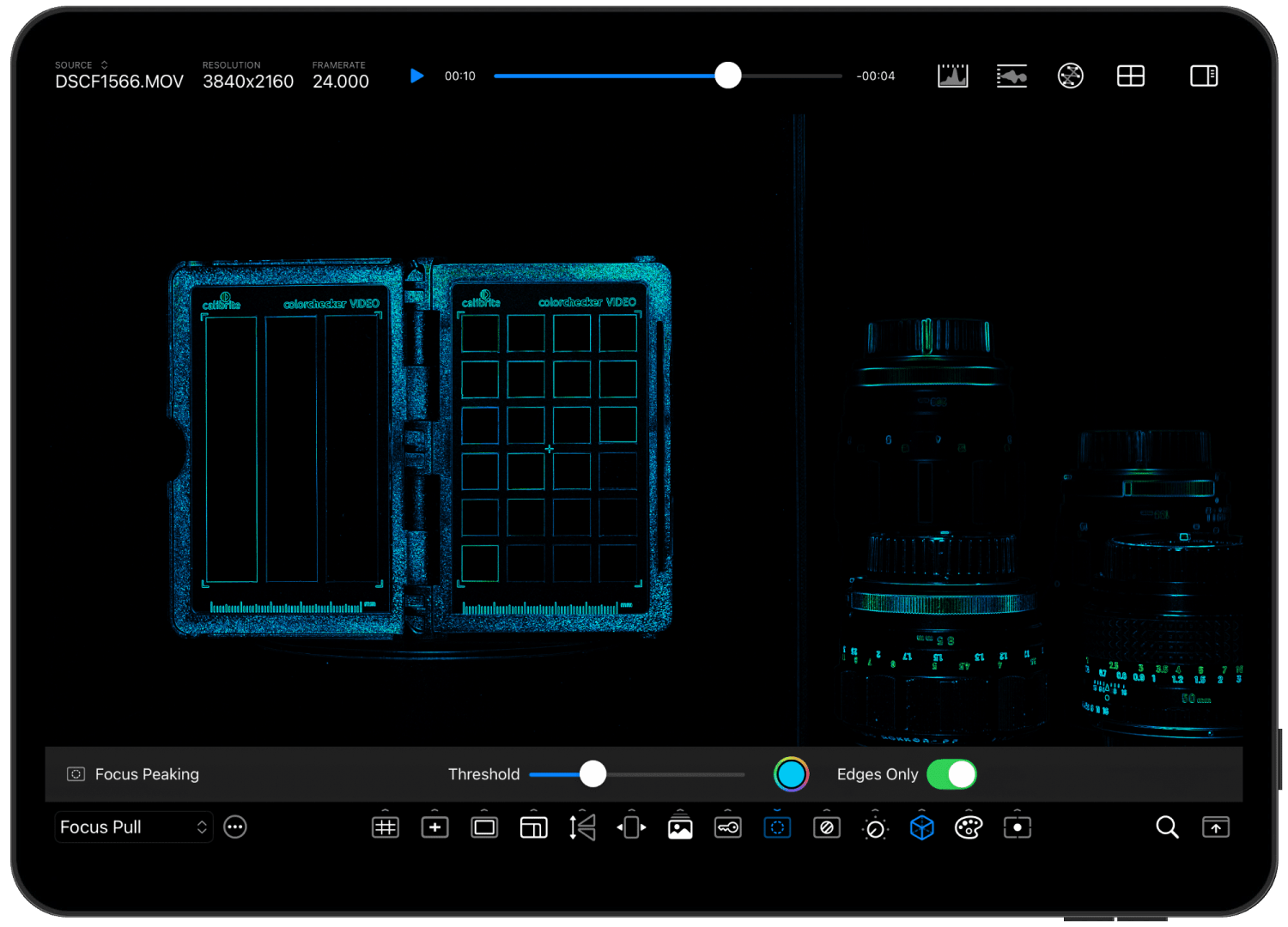 an editing interface on a tablet displaying a focus peaking tool with two charts and several camera lenses positioned to the right the screen has dark backgrounds and highlights around the selected functions digital production An editing interface on a tablet displaying a focus peaking tool with two charts and several camera lenses positioned to the right. The screen has dark backgrounds and highlights around the selected functions.