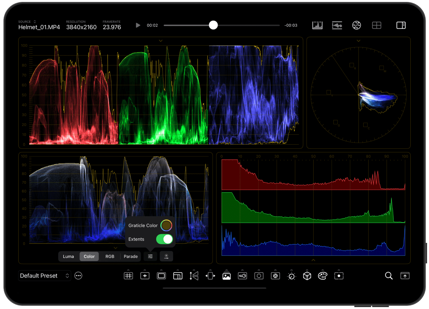 a tablet screen displaying a digital waveform monitor with colorful waveforms in red green and blue multiple graphs illustrating video signal analysis are shown along with options for color settings and gradients digital production A tablet screen displaying a digital waveform monitor with colorful waveforms in red, green, and blue. Multiple graphs illustrating video signal analysis are shown, along with options for color settings and gradients.
