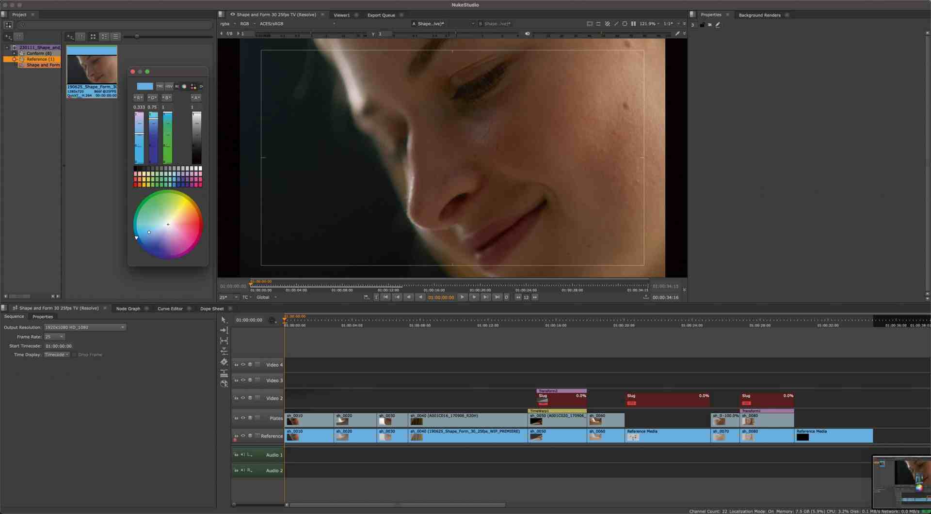 a closeup of a womans face smiling with an editing software interface visible in the background showing a timeline and color adjustment tools the workspace appears to be a video editing program digital production A close-up of a woman's face smiling, with an editing software interface visible in the background, showing a timeline and color adjustment tools. The workspace appears to be a video editing program.