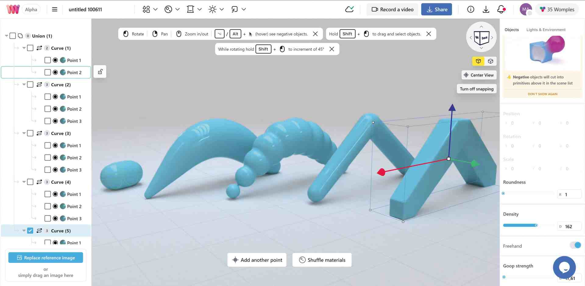 a 3d modeling interface displaying various blue shapes including curves and angular forms arranged on a light background tools and settings are visible on the sides indicating editing options digital production A 3D modeling interface displaying various blue shapes including curves and angular forms arranged on a light background. Tools and settings are visible on the sides, indicating editing options.