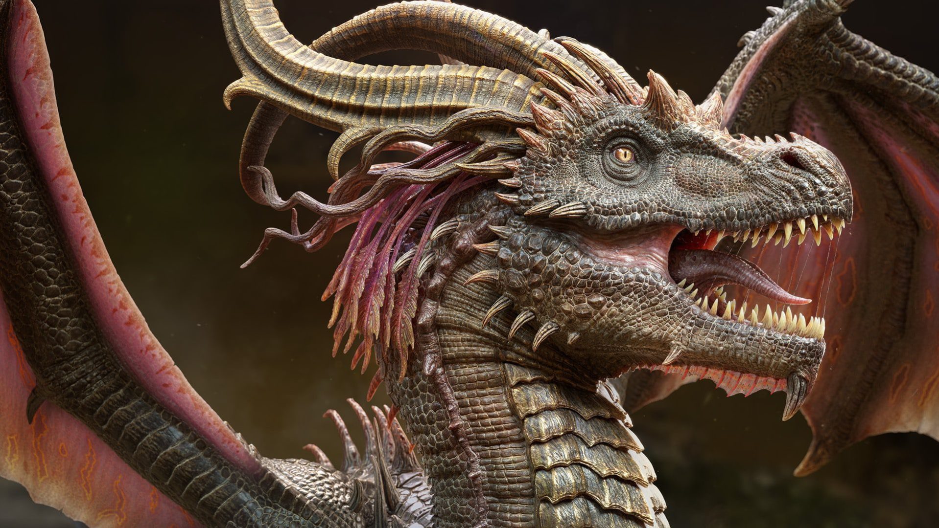 a detailed illustration of a dragon with large curved horns and intricate scales showcasing its fierce expression and open mouth the dragons wings are partially spread and the background is dark enhancing the creatures features digital production A detailed illustration of a dragon with large, curved horns and intricate scales, showcasing its fierce expression and open mouth. The dragon's wings are partially spread, and the background is dark, enhancing the creature's features.