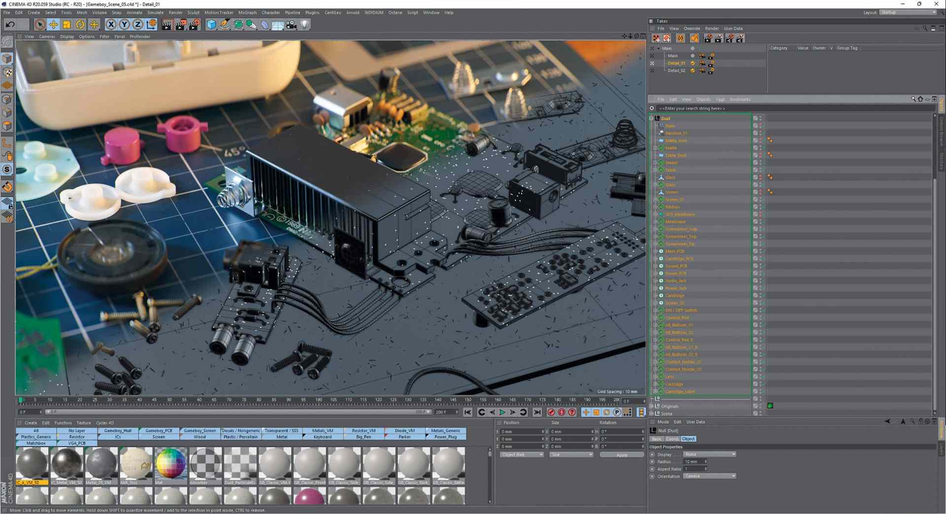 a detailed view of a 3d modeling workspace showcasing various electronic components on a grid background tools and parts including circuit boards are arranged on a desktop with a software interface visible on the right side digital production A detailed view of a 3D modeling workspace showcasing various electronic components on a grid background. Tools and parts, including circuit boards, are arranged on a desktop with a software interface visible on the right side.