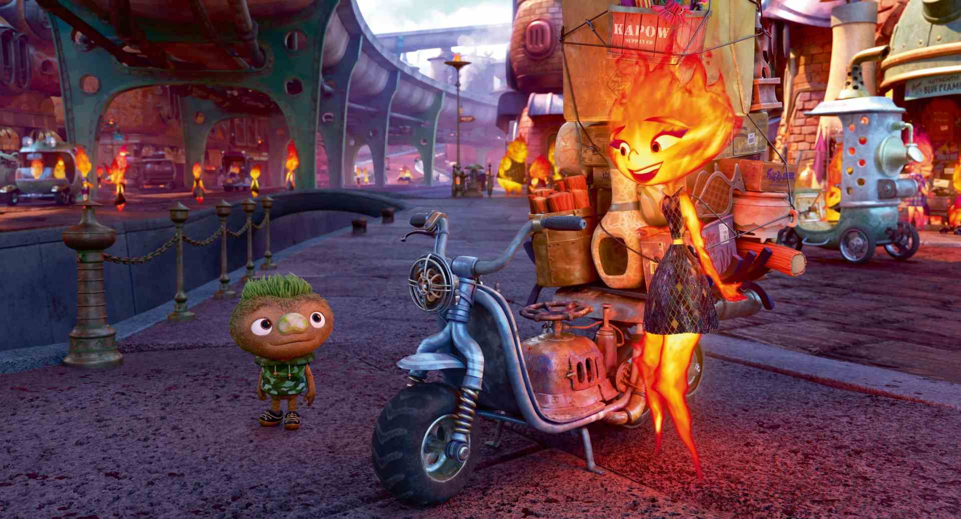 a colorful animated scene depicting two characters in a vibrant street filled with whimsical buildings one character resembling a small creature in green clothing stands near a scooter while another character with fiery features and a stylish dress interacts with him digital production A colorful animated scene depicting two characters in a vibrant street filled with whimsical buildings. One character, resembling a small creature in green clothing, stands near a scooter, while another character, with fiery features and a stylish dress, interacts with him.