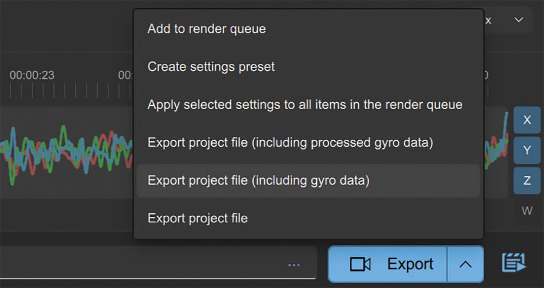 a software interface showing a dropdown menu with options including add to render queue create settings preset and multiple export project file options a timeline with waveform is visible in the background digital production A software interface showing a drop-down menu with options including 'Add to render queue,' 'Create settings preset,' and multiple export project file options. A timeline with waveform is visible in the background.