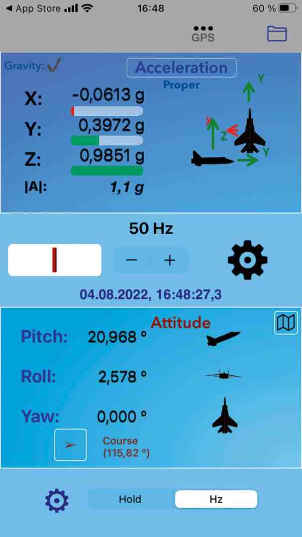screenshot of a mobile app displaying acceleration and attitude data with graphs the upper section shows acceleration readings x y z axes while the lower section shows pitch roll and yaw angles icons of aircraft are included digital production Screenshot of a mobile app displaying acceleration and attitude data with graphs. The upper section shows acceleration readings (X, Y, Z axes), while the lower section shows pitch, roll, and yaw angles. Icons of aircraft are included.