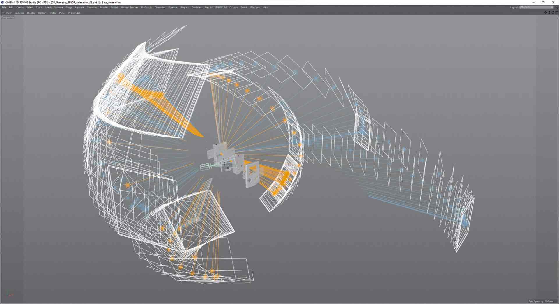 an abstract 3d visualization featuring a swirling pattern of white lines and shapes with orange accents dispersed throughout the background is a smooth gray enhancing the dynamic appearance of the geometric design digital production An abstract 3D visualization featuring a swirling pattern of white lines and shapes, with orange accents dispersed throughout. The background is a smooth gray, enhancing the dynamic appearance of the geometric design.