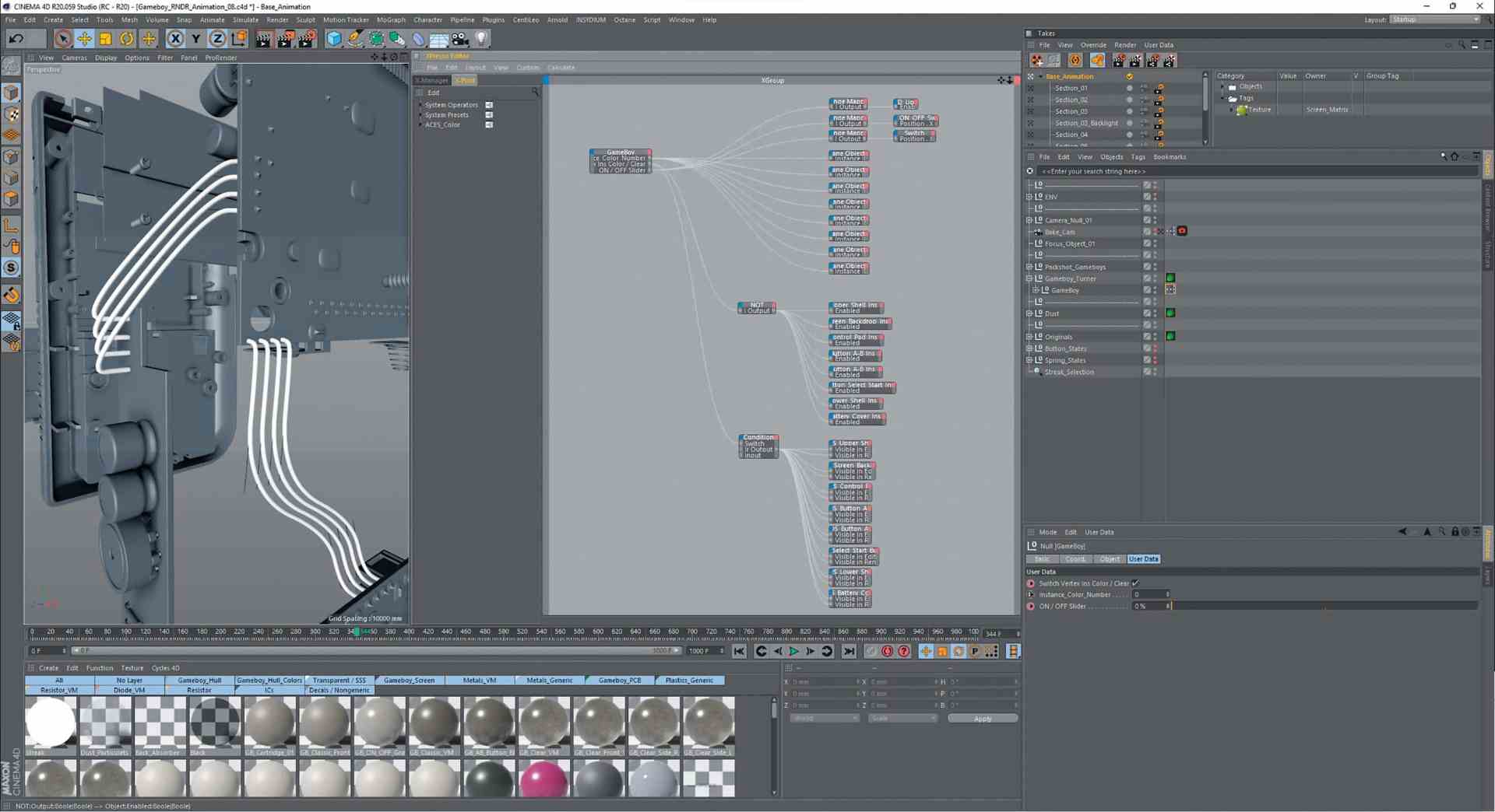a computer screen showing a 3d modeling software interface with a complex object and various wires the left side displays the 3d model while the right side shows nodebased material settings the bottom area shows texture previews digital production A computer screen showing a 3D modeling software interface with a complex object and various wires. The left side displays the 3D model, while the right side shows node-based material settings. The bottom area shows texture previews.
