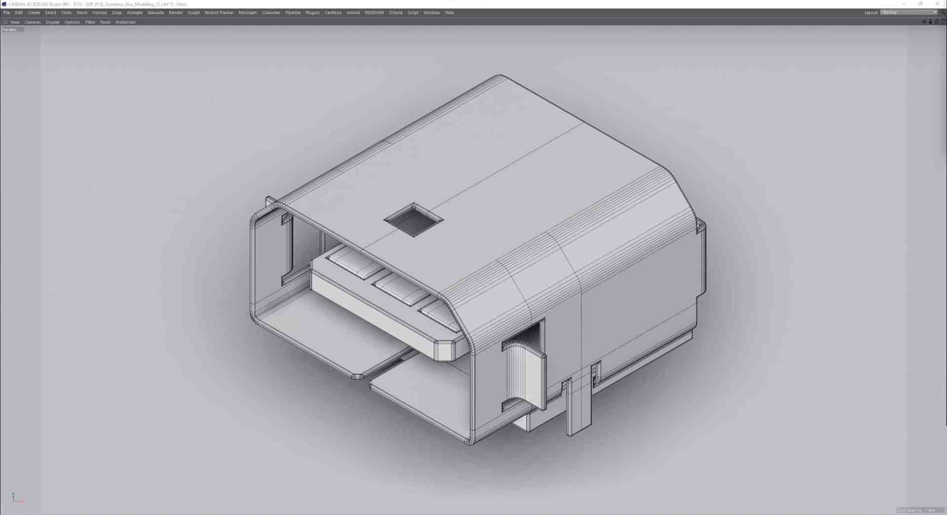 a 3d model of a compact electronic enclosure showcasing multiple sections and a top opening the design has clean lines and a gray finish emphasizing a minimalist style digital production A 3D model of a compact electronic enclosure showcasing multiple sections and a top opening. The design has clean lines and a gray finish, emphasizing a minimalist style.