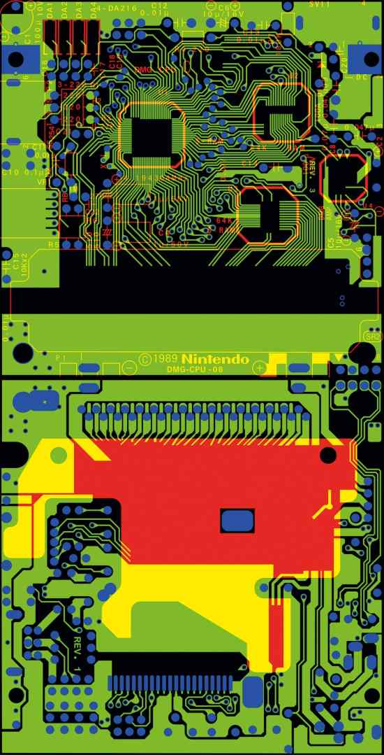 an image of a printed circuit board pcb featuring intricate electronic pathways in black red and blue on a green background the top and bottom sections show different layouts and components with prominent silkscreen markings including the word nintendo digital production An image of a printed circuit board (PCB) featuring intricate electronic pathways in black, red, and blue on a green background. The top and bottom sections show different layouts and components, with prominent silkscreen markings including the word "Nintendo."