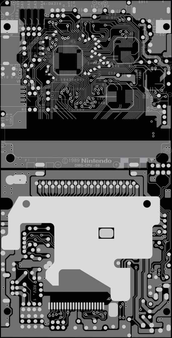 closeup view of a printed circuit board pcb with intricate circuitry patterns and components featuring sections labeled with the nintendo logo the pcb displays a mix of metallic and black surfaces with various electronic connections digital production Close-up view of a printed circuit board (PCB) with intricate circuitry patterns and components, featuring sections labeled with the Nintendo logo. The PCB displays a mix of metallic and black surfaces with various electronic connections.