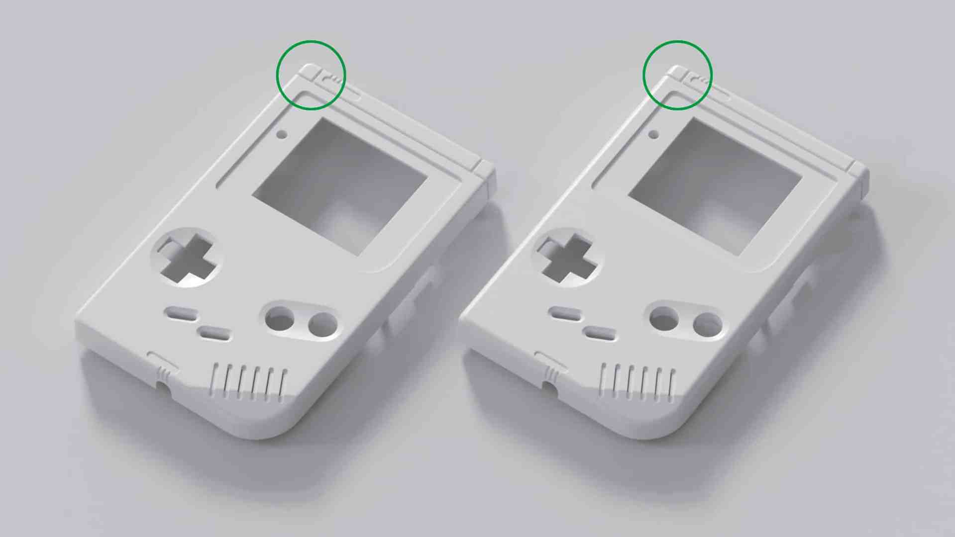 two white handheld gaming console cases displayed side by side each with a distinctive layout of buttons and screen openings green circles highlight specific features on each case digital production Two white handheld gaming console cases displayed side by side, each with a distinctive layout of buttons and screen openings. Green circles highlight specific features on each case.