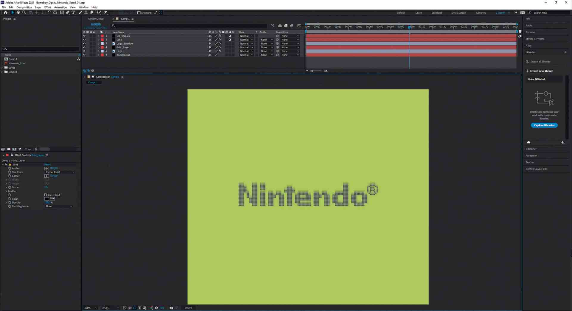 a green workspace in adobe after effects showing the logo nintendo® in pixelated text the timeline and various panels are visible on the interface digital production A green workspace in Adobe After Effects showing the logo "Nintendo®" in pixelated text. The timeline and various panels are visible on the interface.