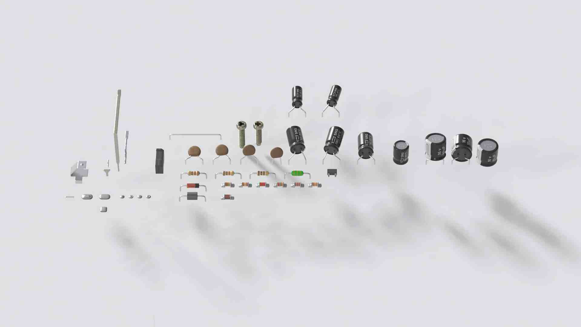 a collection of various electronic components including circular capacitors resistor strips and connectors arranged on a light surface shadows of the components are visible below them digital production A collection of various electronic components including circular capacitors, resistor strips, and connectors arranged on a light surface. Shadows of the components are visible below them.