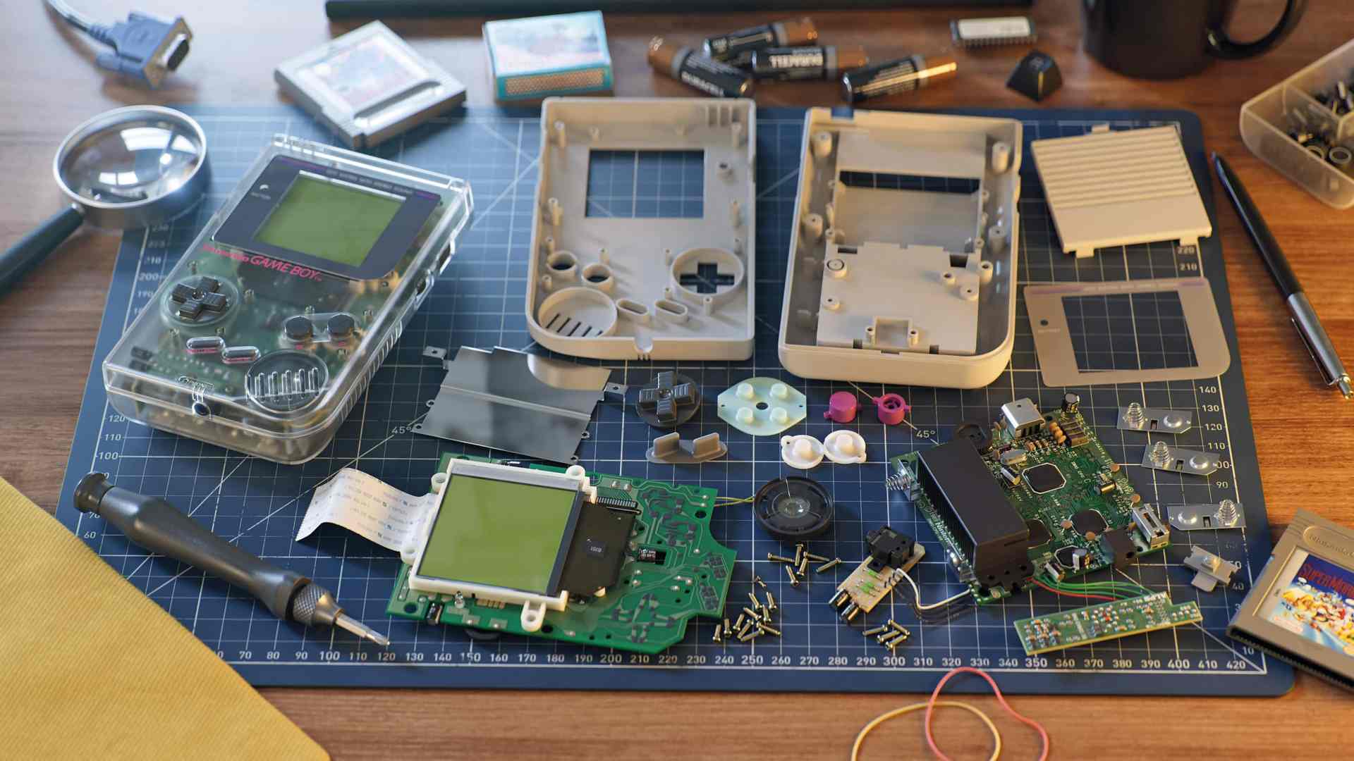 a workbench with disassembled game boy parts including a clear case circuit boards buttons and tools like a magnifying glass and screwdriver arranged on a cutting mat digital production A workbench with disassembled Game Boy parts, including a clear case, circuit boards, buttons, and tools like a magnifying glass and screwdriver, arranged on a cutting mat.