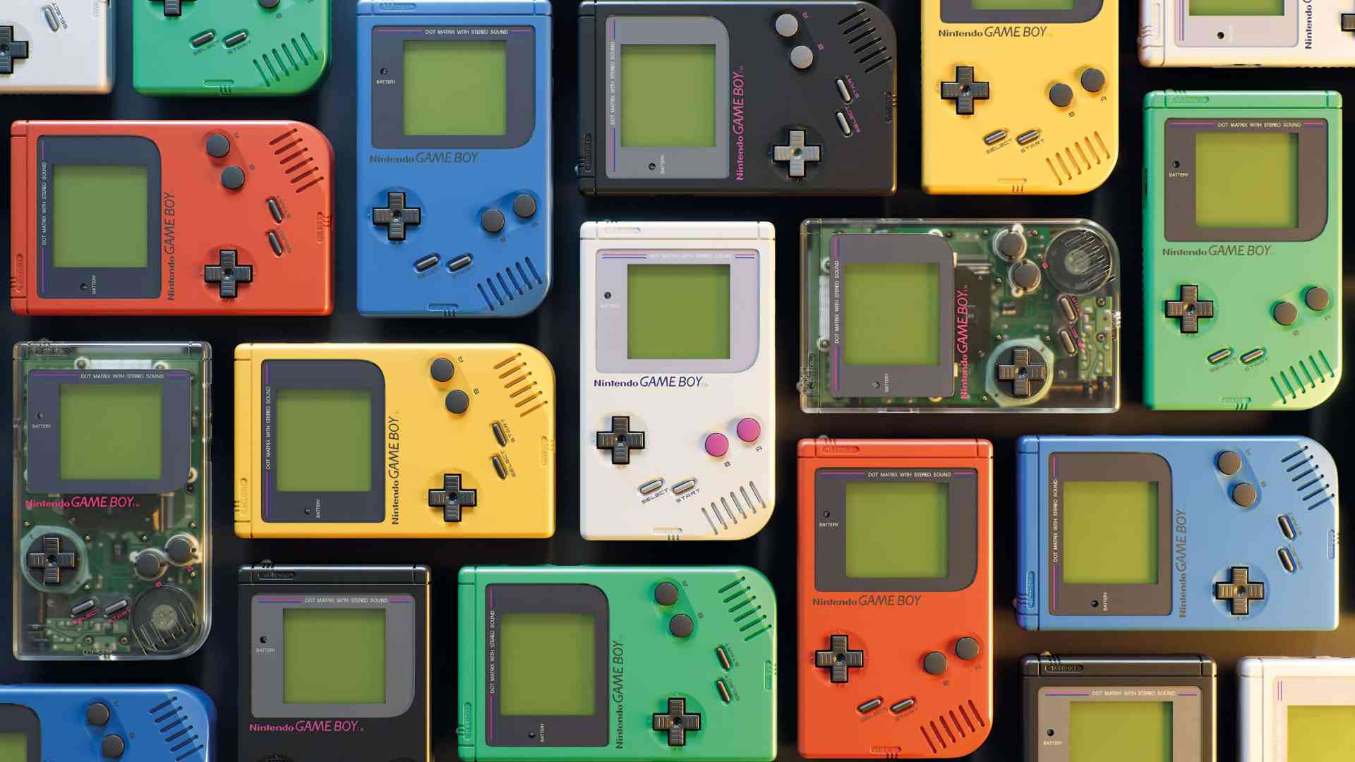 a collection of vintage game boy handheld consoles in various colors including black white orange green and yellow with their screens off arranged in a tight grid pattern digital production A collection of vintage Game Boy handheld consoles in various colors, including black, white, orange, green, and yellow, with their screens off, arranged in a tight grid pattern.