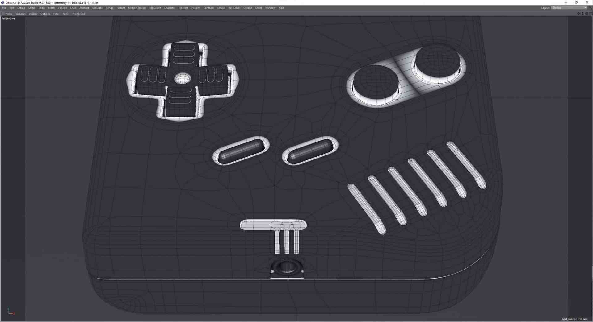 a 3d wireframe model of a handheld gaming device showing the directional pad buttons and speaker grill design details digital production A 3D wireframe model of a handheld gaming device showing the directional pad, buttons, and speaker grill design details.