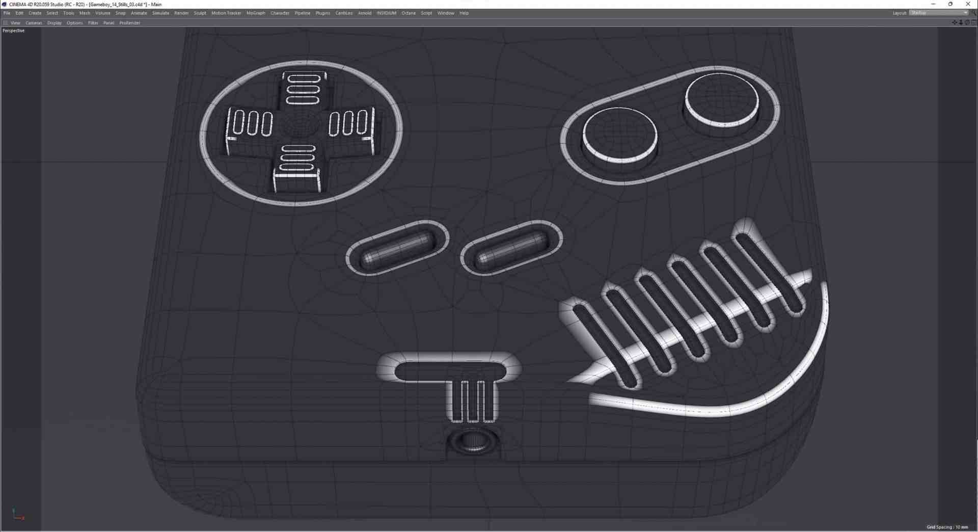 a 3d model view showing various button designs and textures on a device including outlines of circles rectangles and grooves for functionality displayed on a dark background digital production A 3D model view showing various button designs and textures on a device, including outlines of circles, rectangles, and grooves for functionality, displayed on a dark background.