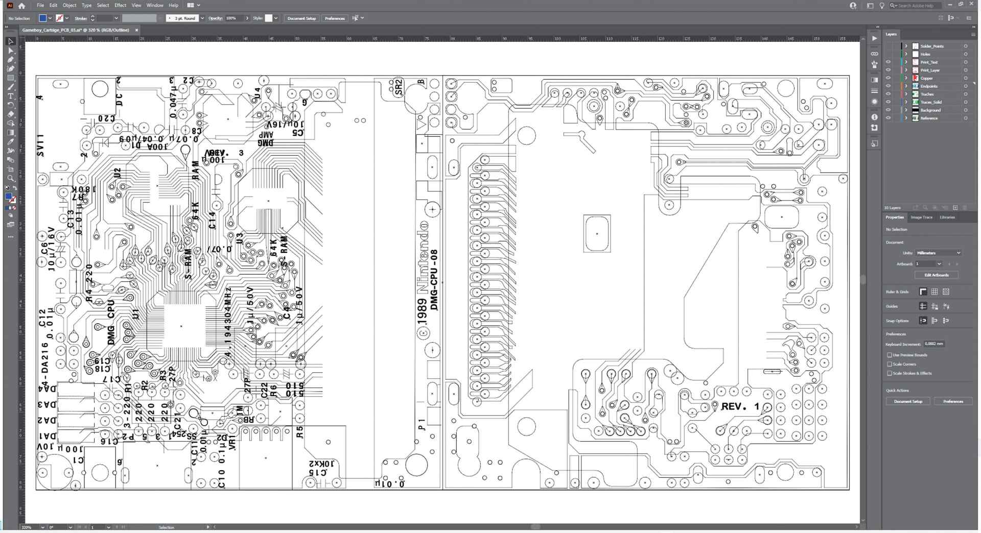 a technical drawing of a printed circuit board pcb layout featuring various electronic components and traces in black and white the layout includes labels and numbers associated with the components the drawing is displayed on a digital design software interface digital production A technical drawing of a printed circuit board (PCB) layout featuring various electronic components and traces in black and white. The layout includes labels and numbers associated with the components. The drawing is displayed on a digital design software interface.