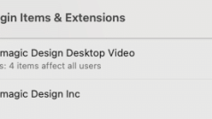 settings menu displaying login items extensions with two entries blackmagic design desktop video showing 7 items 4 affecting all users and blackmagic design inc showing 1 item both with toggle switches digital production Settings menu displaying 'Login Items & Extensions' with two entries: 'Blackmagic Design Desktop Video' showing 7 items (4 affecting all users) and 'Blackmagic Design Inc' showing 1 item, both with toggle switches.
