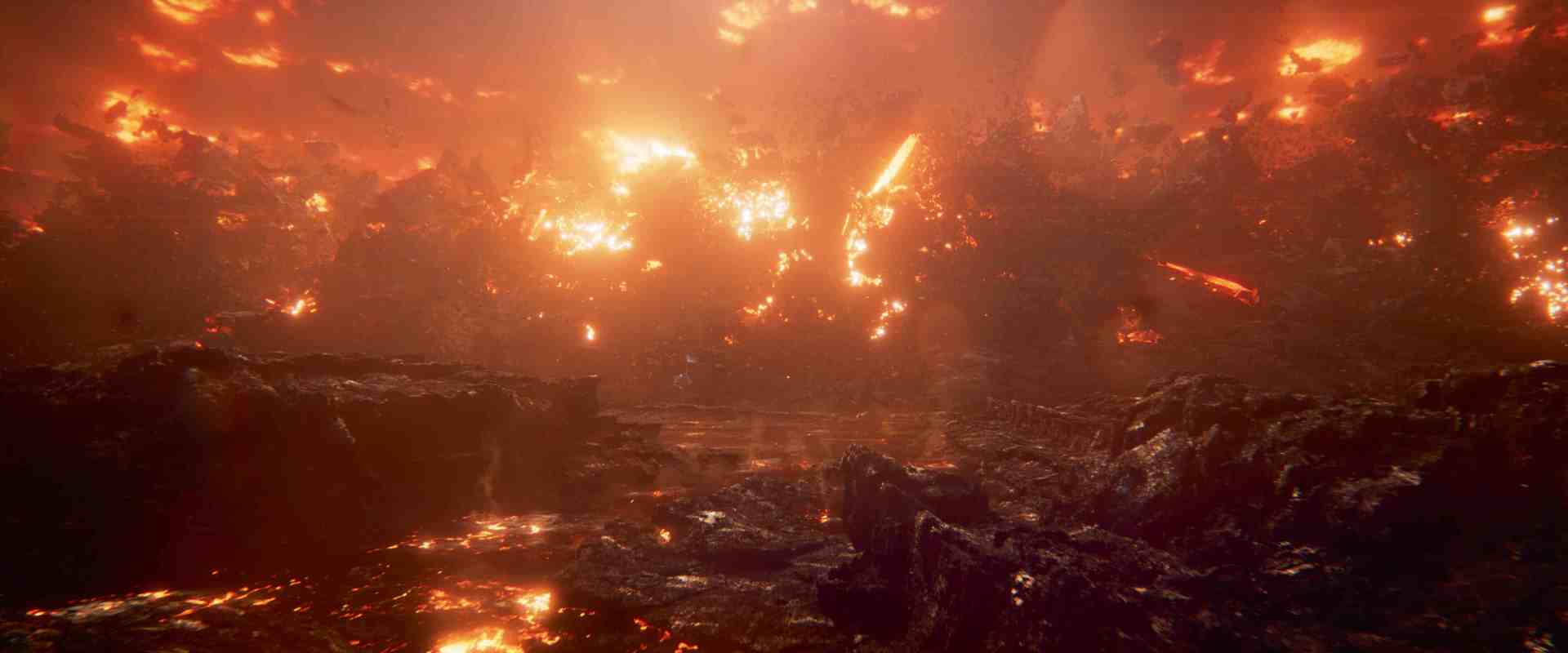 a dark landscape with glowing lava and fiery sparks illuminating the scene creating a surreal and intense visual effect the ground appears scorched with rocky formations contrasting the bright light from the lava digital production A dark landscape with glowing lava and fiery sparks illuminating the scene, creating a surreal and intense visual effect. The ground appears scorched, with rocky formations contrasting the bright light from the lava.