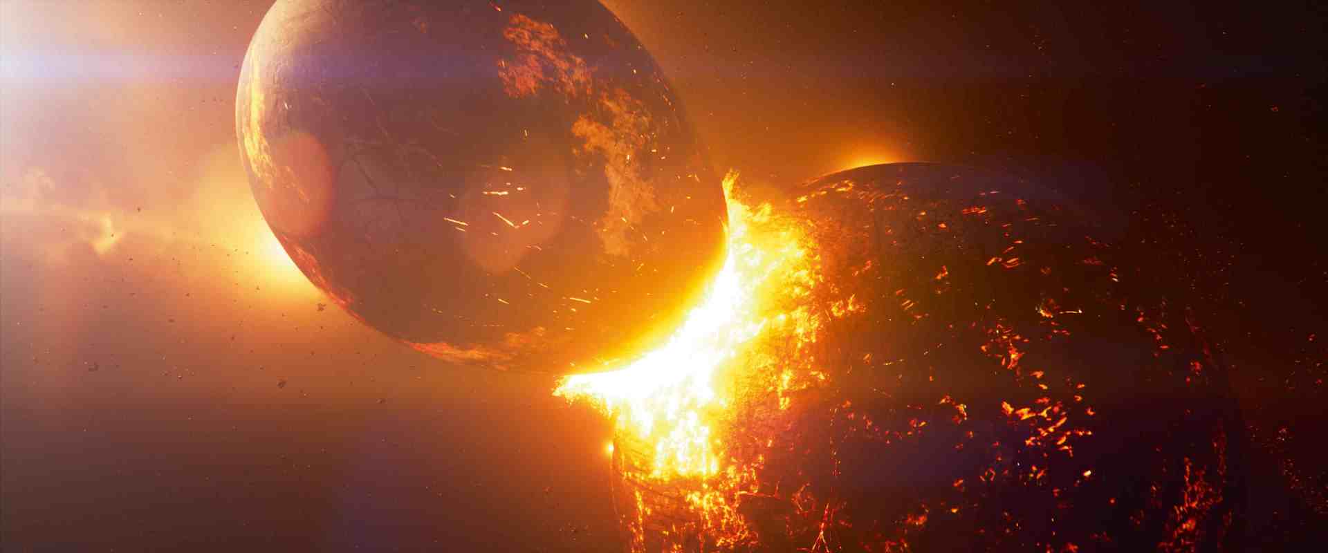 a digital rendering of two planets colliding in space with bright orange and yellow flames erupting where they meet and debris flying around the scene is illuminated by a soft glow from the cosmic background digital production A digital rendering of two planets colliding in space, with bright orange and yellow flames erupting where they meet and debris flying around. The scene is illuminated by a soft glow from the cosmic background.