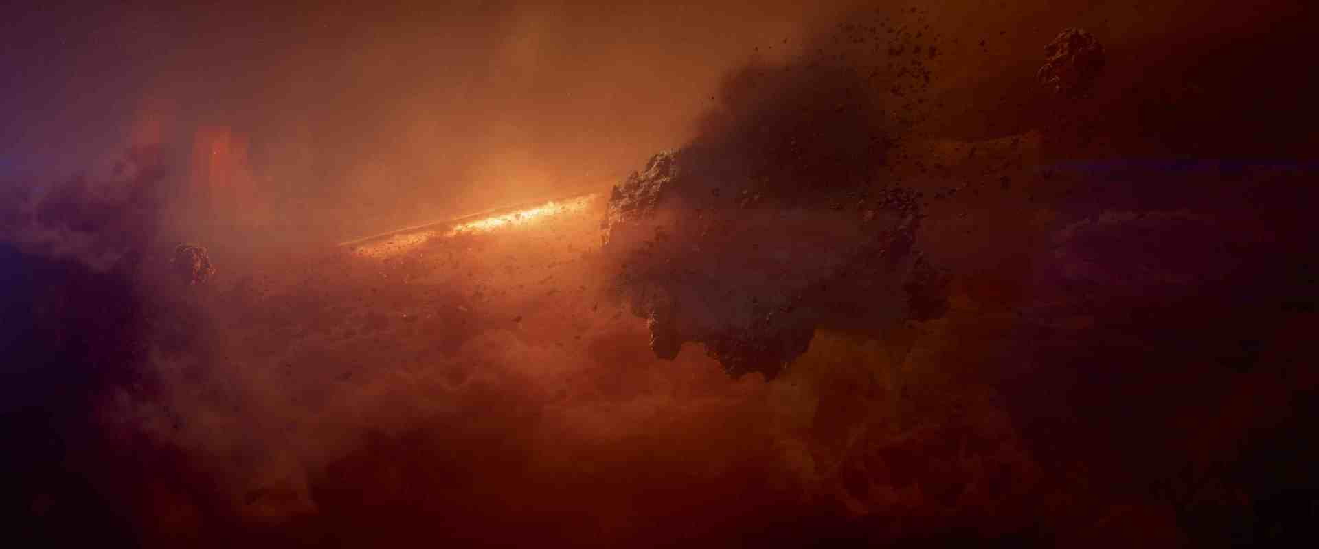 a digital representation of a cosmic scene with swirling clouds and glowing light in hues of orange and purple depicting an abstract space environment digital production A digital representation of a cosmic scene with swirling clouds and glowing light in hues of orange and purple, depicting an abstract space environment.