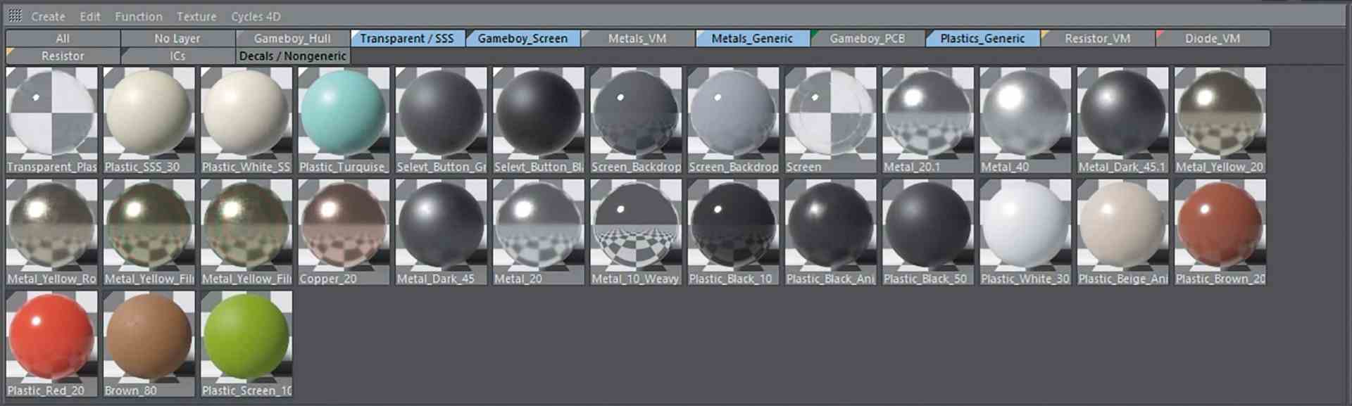 a user interface display showing a grid of various colored materials or textures including shades of black white and color samples each material is represented as a sphere with labels below each item digital production A user interface display showing a grid of various colored materials or textures, including shades of black, white, and color samples. Each material is represented as a sphere, with labels below each item.