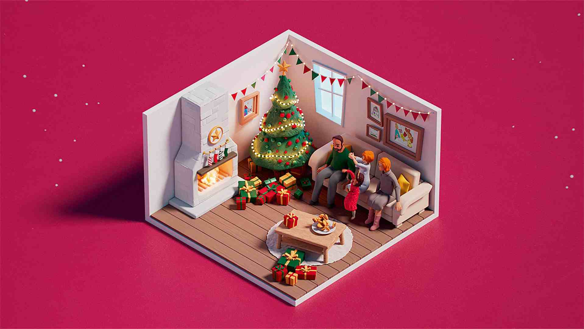 a festive miniature living room scene with a decorated christmas tree three people sitting on sofas gifts scattered on the floor and holiday decorations on the walls the atmosphere is cozy and celebratory digital production A festive miniature living room scene with a decorated Christmas tree, three people sitting on sofas, gifts scattered on the floor, and holiday decorations on the walls. The atmosphere is cozy and celebratory.