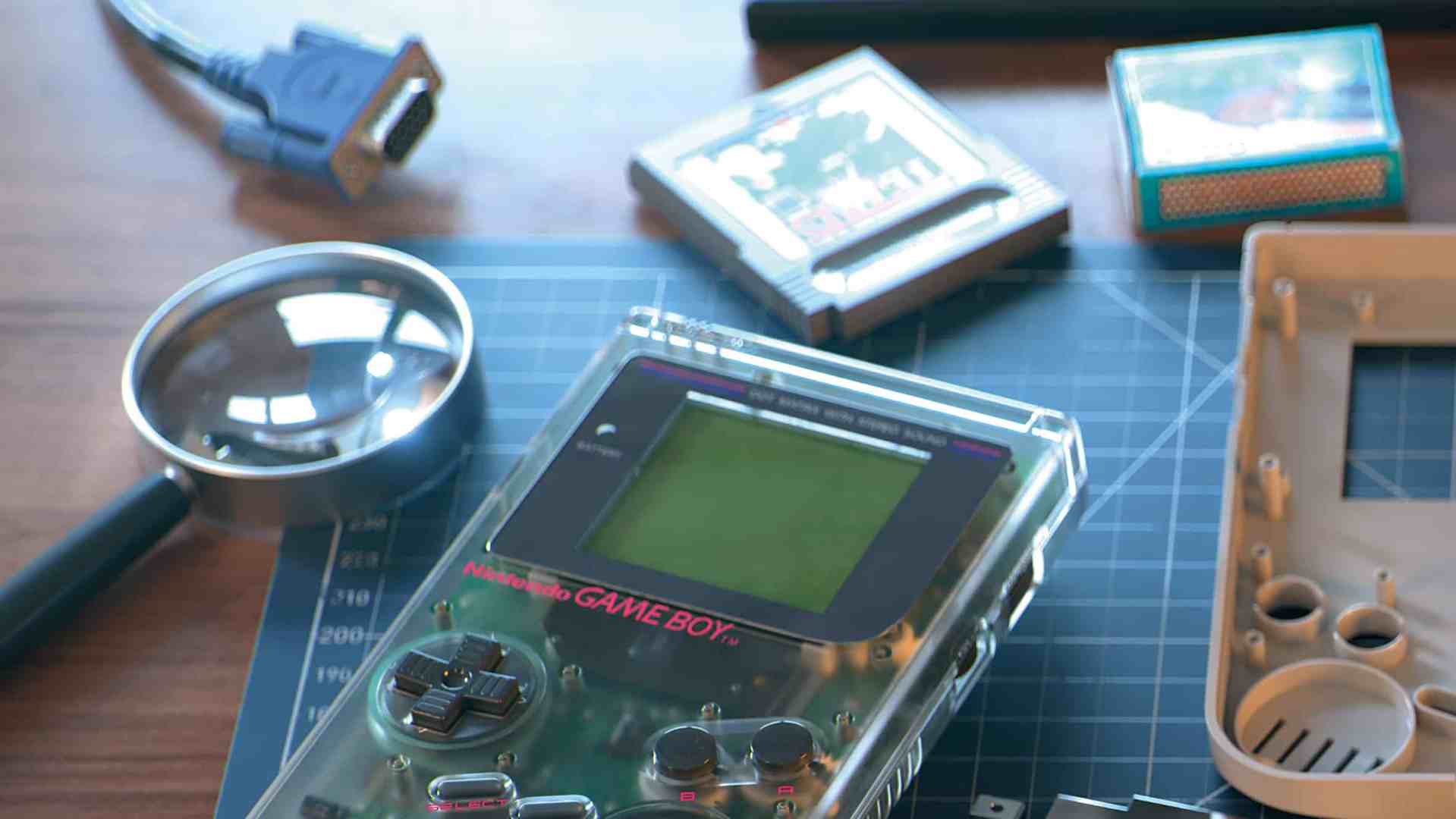 a transparent game boy console on a blue cutting mat with tools nearby are a magnifying glass video game cartridges and a connector cable the scene captures details of retro gaming accessories digital production A transparent Game Boy console on a blue cutting mat with tools. Nearby are a magnifying glass, video game cartridges, and a connector cable. The scene captures details of retro gaming accessories.