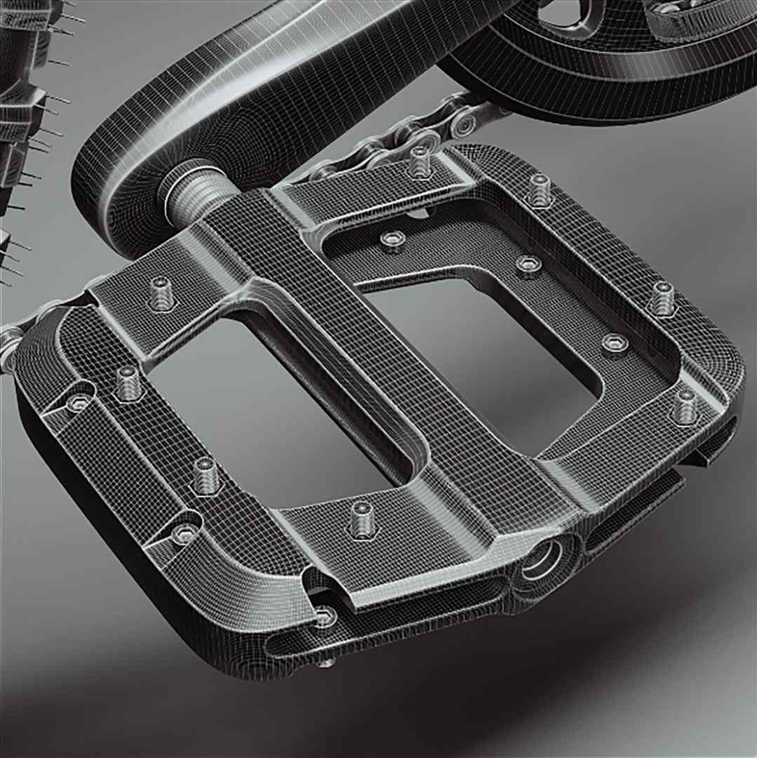 a 3d rendering of a bicycle pedal showing its detailed structure with a wireframe design the focus is on the flat platform and the attachment points for the bicycle frame digital production A 3D rendering of a bicycle pedal showing its detailed structure with a wireframe design. The focus is on the flat platform and the attachment points for the bicycle frame.