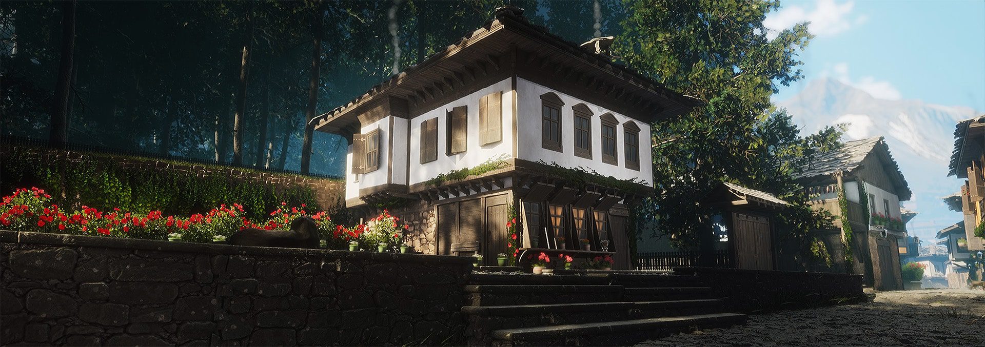 a traditional wooden house with white walls and brown accents surrounded by blooming flowers and lush greenery stairs lead up to the entrance with additional houses visible in the background under a clear blue sky digital production A traditional wooden house with white walls and brown accents, surrounded by blooming flowers and lush greenery. Stairs lead up to the entrance, with additional houses visible in the background under a clear blue sky.