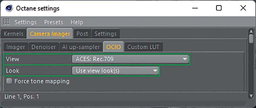 a screenshot of the octane settings interface displaying the camera imager tab it shows options for view set to aces rec709 and look with a dropdown menu the ui includes various settings and controls digital production A screenshot of the Octane settings interface displaying the Camera Imager tab. It shows options for 'View' set to ACES: Rec709 and 'Look' with a dropdown menu. The UI includes various settings and controls.