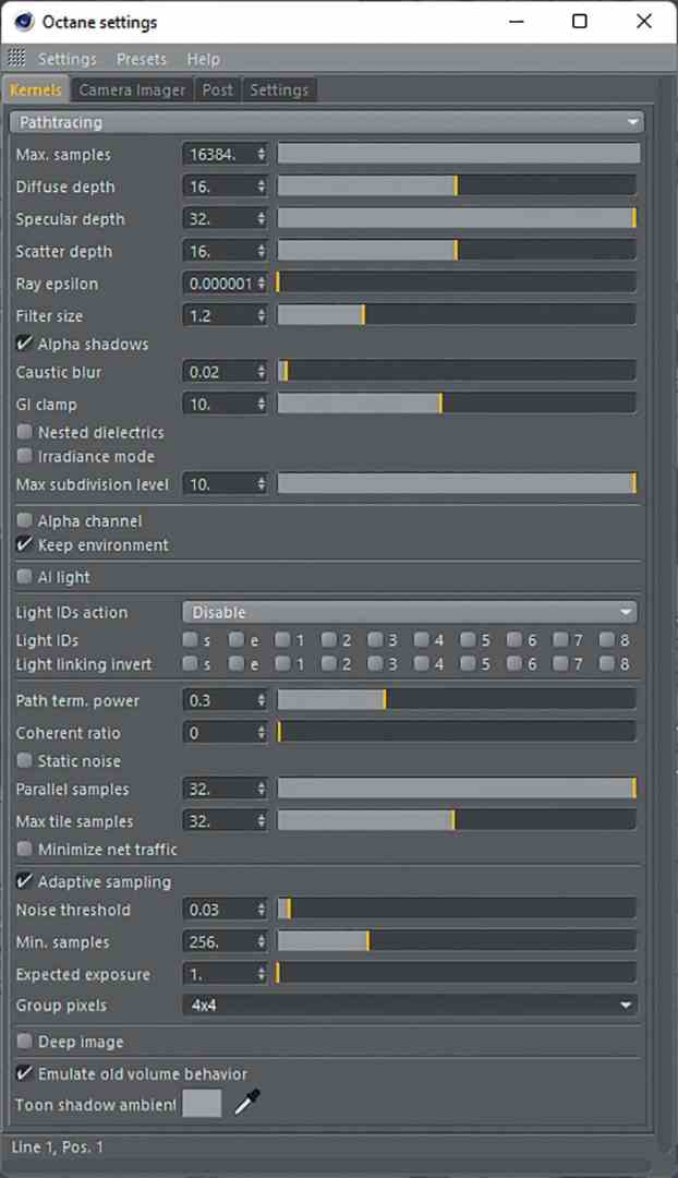 a screenshot showing the octane render settings panel on a computer screen displaying various parameters like max samples diffuse depth and light settings for visual rendering adjustments digital production A screenshot showing the Octane render settings panel on a computer screen, displaying various parameters like max samples, diffuse depth, and light settings for visual rendering adjustments.