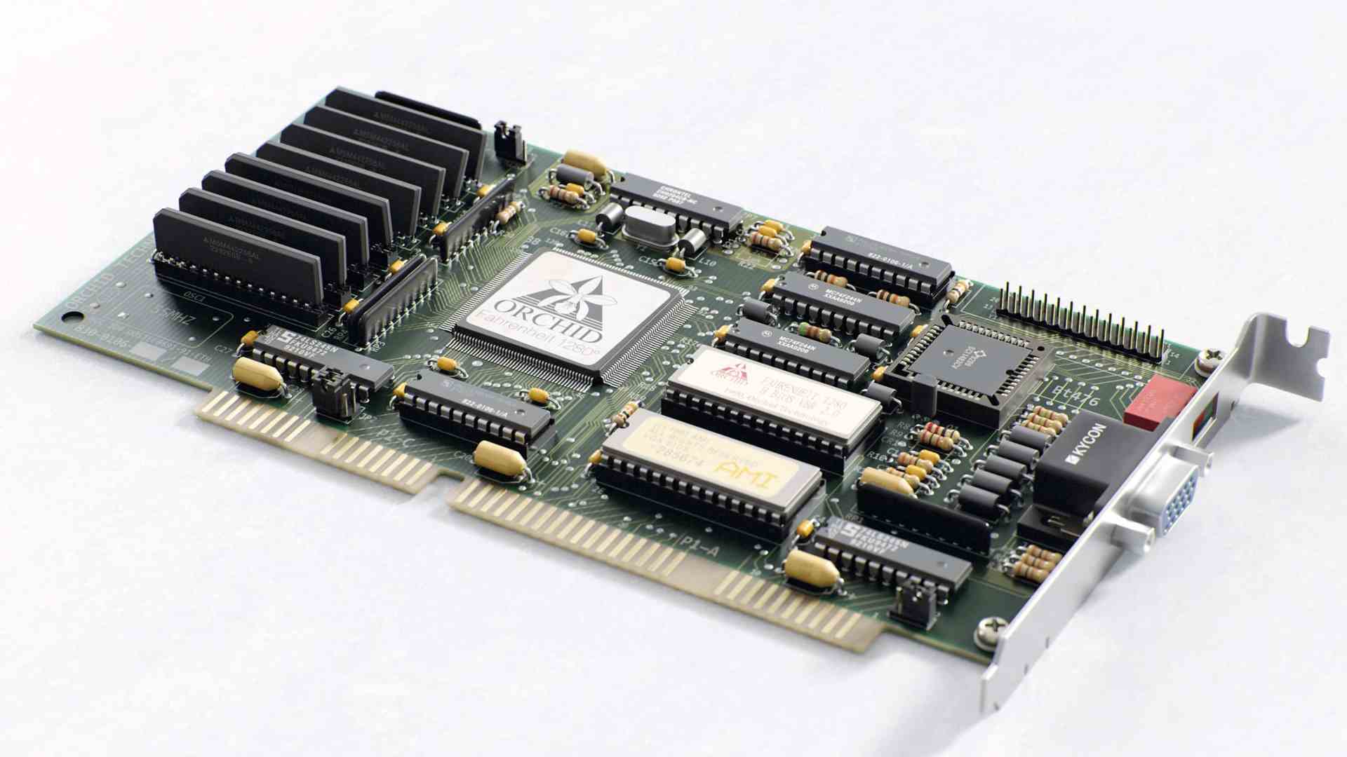 a green circuit board with multiple electronic components including a heatsink various integrated circuits and connectors displayed at an angle on a light background digital production A green circuit board with multiple electronic components, including a heatsink, various integrated circuits, and connectors, displayed at an angle on a light background.